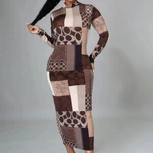 Shein geometric patchwork print long sleeve maxi dress brown women's size XL